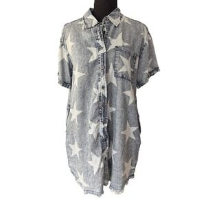 Star Chambray Mini Shirt Dress Womens S Blue Acid Wash Americana Western Grunge‎